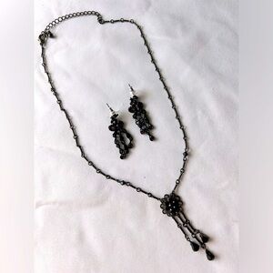 Black Metal and Crystal Necklace and Earrings